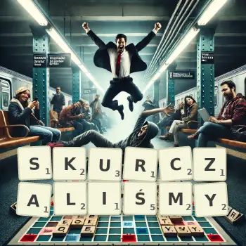 Kreatywna ilustracja do gry w Scrabble ze słowem SKURCZALIŚMY ułożonym z płytek na planszy.