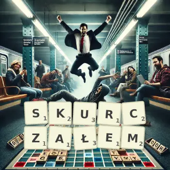 Kreatywna ilustracja do gry w Scrabble ze słowem SKURCZAŁEM ułożonym z płytek na planszy.