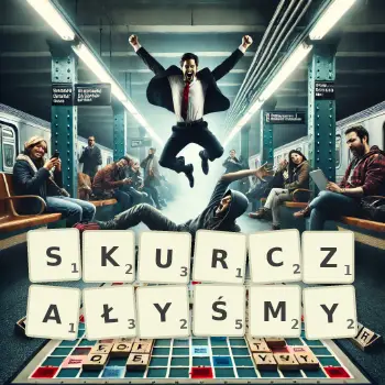 Kreatywna ilustracja do gry w Scrabble ze słowem SKURCZAŁYŚMY ułożonym z płytek na planszy.