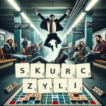Kreatywna ilustracja do gry w Scrabble ze słowem SKURCZYLI ułożonym z płytek na planszy.