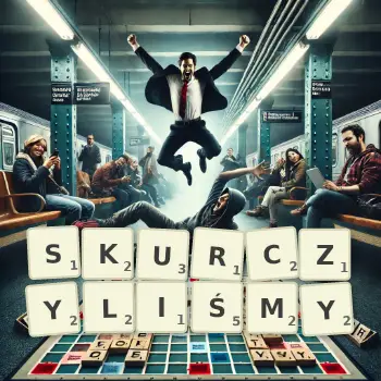 Kreatywna ilustracja do gry w Scrabble ze słowem SKURCZYLIŚMY ułożonym z płytek na planszy.