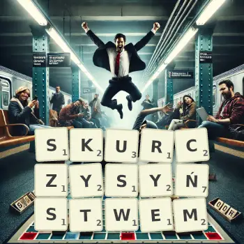 Kreatywna ilustracja do gry w Scrabble ze słowem SKURCZYSYŃSTWEM ułożonym z płytek na planszy.