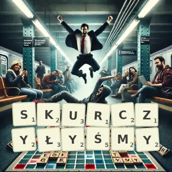 Kreatywna ilustracja do gry w Scrabble ze słowem SKURCZYŁYŚMY ułożonym z płytek na planszy.