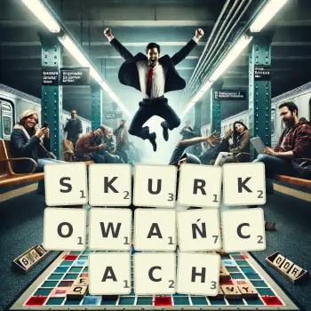 Kreatywna ilustracja do gry w Scrabble ze słowem SKURKOWAŃCACH ułożonym z płytek na planszy.