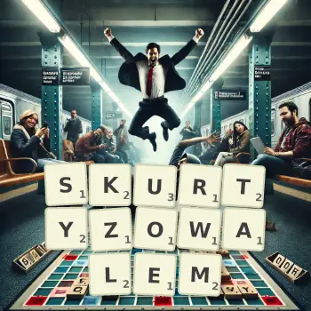 Kreatywna ilustracja do gry w Scrabble ze słowem SKURTYZOWALEM ułożonym z płytek na planszy.