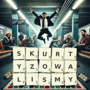 Kreatywna ilustracja do gry w Scrabble ze słowem SKURTYZOWALISMY ułożonym z płytek na planszy.