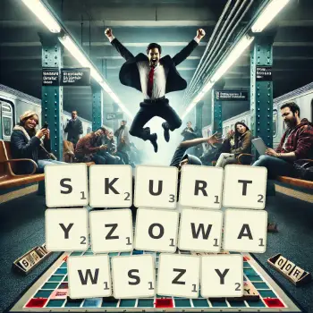 Kreatywna ilustracja do gry w Scrabble ze słowem SKURTYZOWAWSZY ułożonym z płytek na planszy.