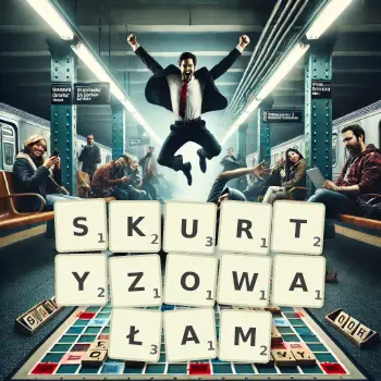 Kreatywna ilustracja do gry w Scrabble ze słowem SKURTYZOWAŁAM ułożonym z płytek na planszy.