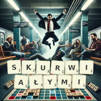 Kreatywna ilustracja do gry w Scrabble ze słowem SKURWIAŁYMI ułożonym z płytek na planszy.