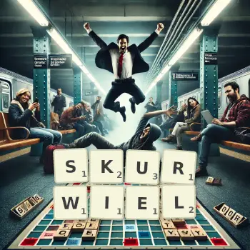 Kreatywna ilustracja do gry w Scrabble ze słowem SKURWIEL ułożonym z płytek na planszy.