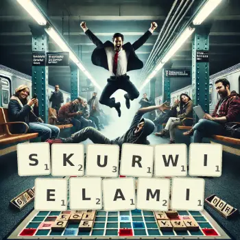 Kreatywna ilustracja do gry w Scrabble ze słowem SKURWIELAMI ułożonym z płytek na planszy.