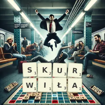 Kreatywna ilustracja do gry w Scrabble ze słowem SKURWIŁA ułożonym z płytek na planszy.
