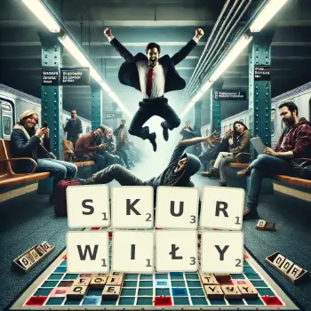 Kreatywna ilustracja do gry w Scrabble ze słowem SKURWIŁY ułożonym z płytek na planszy.