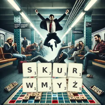 Kreatywna ilustracja do gry w Scrabble ze słowem SKURWMYŻ ułożonym z płytek na planszy.