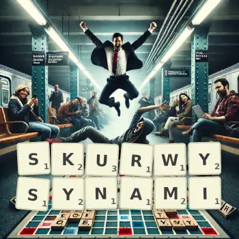 Kreatywna ilustracja do gry w Scrabble ze słowem SKURWYSYNAMI ułożonym z płytek na planszy.