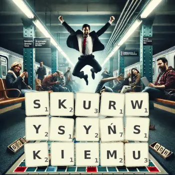 Kreatywna ilustracja do gry w Scrabble ze słowem SKURWYSYŃSKIEMU ułożonym z płytek na planszy.