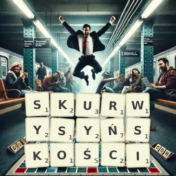 Kreatywna ilustracja do gry w Scrabble ze słowem SKURWYSYŃSKOŚCI ułożonym z płytek na planszy.