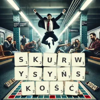 Kreatywna ilustracja do gry w Scrabble ze słowem SKURWYSYŃSKOŚĆ ułożonym z płytek na planszy.