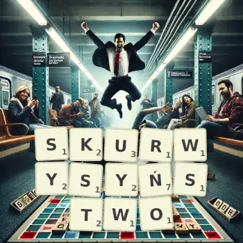 Kreatywna ilustracja do gry w Scrabble ze słowem SKURWYSYŃSTWO ułożonym z płytek na planszy.