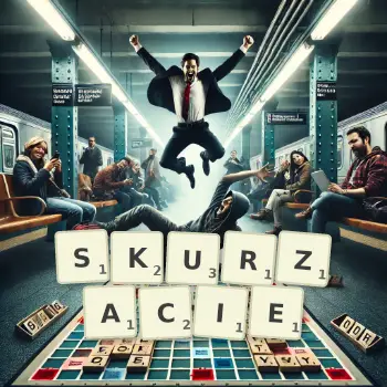 Kreatywna ilustracja do gry w Scrabble ze słowem SKURZACIE ułożonym z płytek na planszy.
