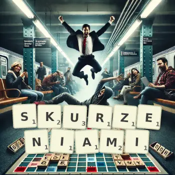 Kreatywna ilustracja do gry w Scrabble ze słowem SKURZENIAMI ułożonym z płytek na planszy.