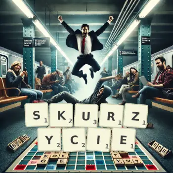 Kreatywna ilustracja do gry w Scrabble ze słowem SKURZYCIE ułożonym z płytek na planszy.