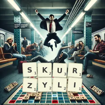 Kreatywna ilustracja do gry w Scrabble ze słowem SKURZYLI ułożonym z płytek na planszy.
