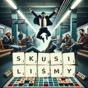 Kreatywna ilustracja do gry w Scrabble ze słowem SKUSILIŚMY ułożonym z płytek na planszy.
