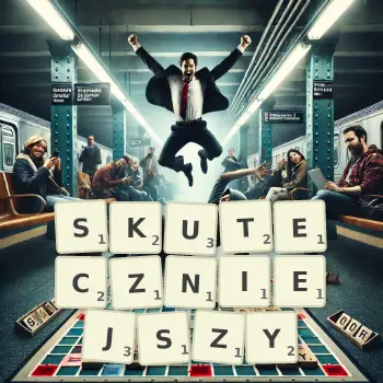 Kreatywna ilustracja do gry w Scrabble ze słowem SKUTECZNIEJSZY ułożonym z płytek na planszy.