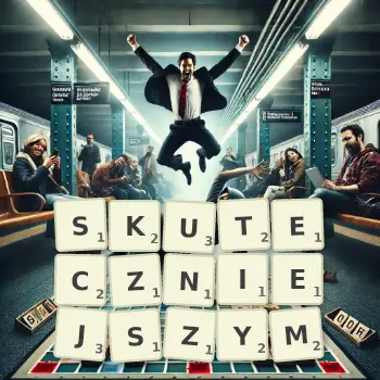Kreatywna ilustracja do gry w Scrabble ze słowem SKUTECZNIEJSZYM ułożonym z płytek na planszy.