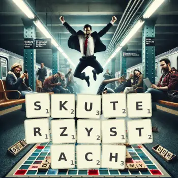 Kreatywna ilustracja do gry w Scrabble ze słowem SKUTERZYSTACH ułożonym z płytek na planszy.