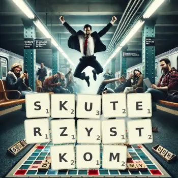 Kreatywna ilustracja do gry w Scrabble ze słowem SKUTERZYSTKOM ułożonym z płytek na planszy.