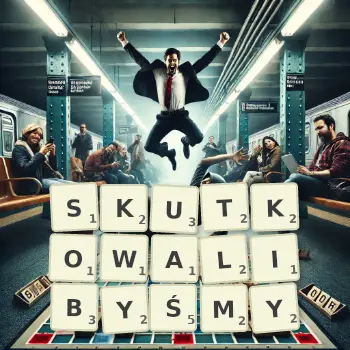 Kreatywna ilustracja do gry w Scrabble ze słowem SKUTKOWALIBYŚMY ułożonym z płytek na planszy.