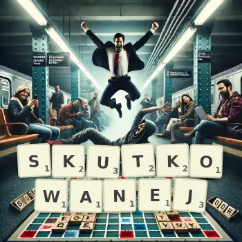 Kreatywna ilustracja do gry w Scrabble ze słowem SKUTKOWANEJ ułożonym z płytek na planszy.