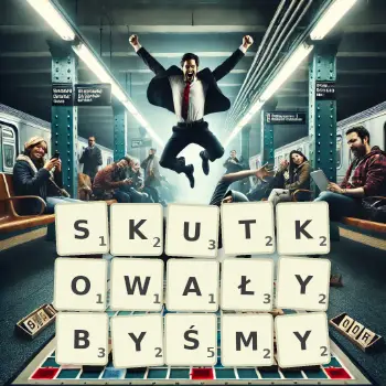 Kreatywna ilustracja do gry w Scrabble ze słowem SKUTKOWAŁYBYŚMY ułożonym z płytek na planszy.