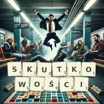 Kreatywna ilustracja do gry w Scrabble ze słowem SKUTKOWOŚCI ułożonym z płytek na planszy.