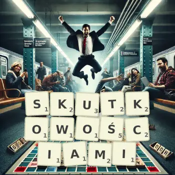 Kreatywna ilustracja do gry w Scrabble ze słowem SKUTKOWOŚCIAMI ułożonym z płytek na planszy.