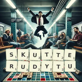 Kreatywna ilustracja do gry w Scrabble ze słowem SKUTTERUDYTU ułożonym z płytek na planszy.