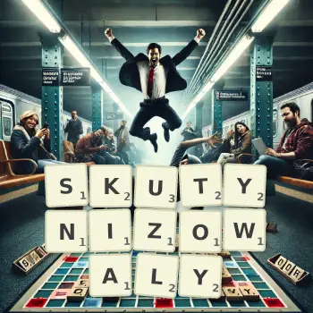 Kreatywna ilustracja do gry w Scrabble ze słowem SKUTYNIZOWALY ułożonym z płytek na planszy.