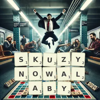 Kreatywna ilustracja do gry w Scrabble ze słowem SKUZYNOWALABY ułożonym z płytek na planszy.