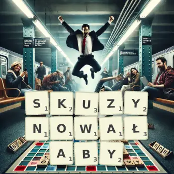 Kreatywna ilustracja do gry w Scrabble ze słowem SKUZYNOWAŁABY ułożonym z płytek na planszy.