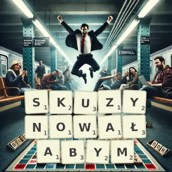 Kreatywna ilustracja do gry w Scrabble ze słowem SKUZYNOWAŁABYM ułożonym z płytek na planszy.
