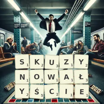 Kreatywna ilustracja do gry w Scrabble ze słowem SKUZYNOWAŁYŚCIE ułożonym z płytek na planszy.