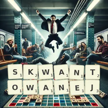 Kreatywna ilustracja do gry w Scrabble ze słowem SKWANTOWANEJ ułożonym z płytek na planszy.