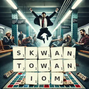 Kreatywna ilustracja do gry w Scrabble ze słowem SKWANTOWANIOM ułożonym z płytek na planszy.