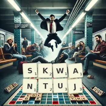 Kreatywna ilustracja do gry w Scrabble ze słowem SKWANTUJ ułożonym z płytek na planszy.