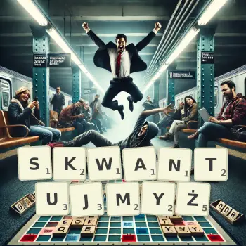 Kreatywna ilustracja do gry w Scrabble ze słowem SKWANTUJMYŻ ułożonym z płytek na planszy.