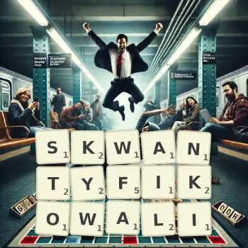 Kreatywna ilustracja do gry w Scrabble ze słowem SKWANTYFIKOWALI ułożonym z płytek na planszy.