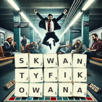 Kreatywna ilustracja do gry w Scrabble ze słowem SKWANTYFIKOWANA ułożonym z płytek na planszy.