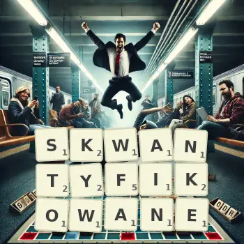 Kreatywna ilustracja do gry w Scrabble ze słowem SKWANTYFIKOWANE ułożonym z płytek na planszy.